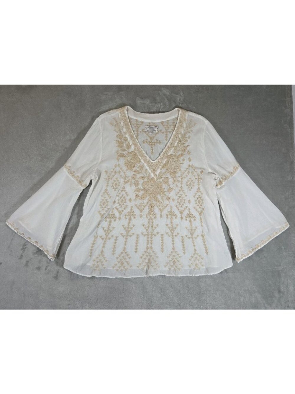 Johnny Was Workshop Large Peasant Blouse Cottagecore tan geometric Lightweight